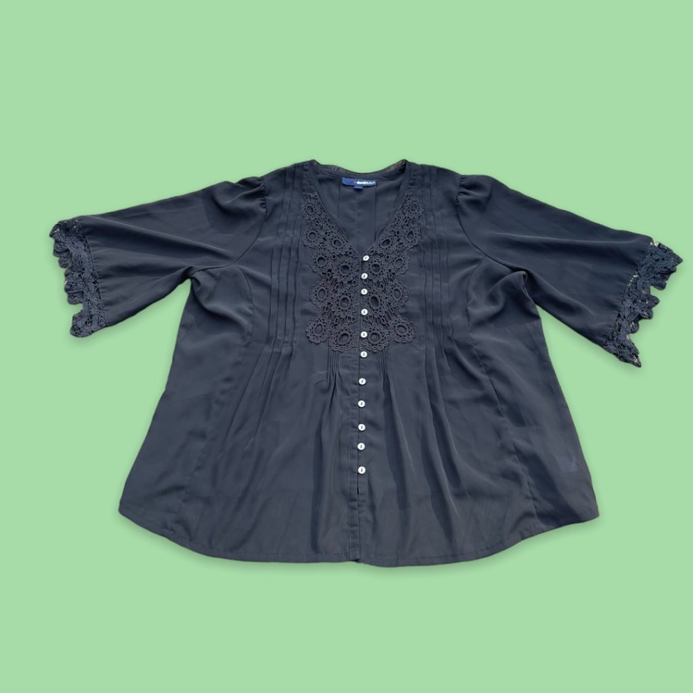 Black sheer 3/4 bell sleeve blouse with buttons and embroidery